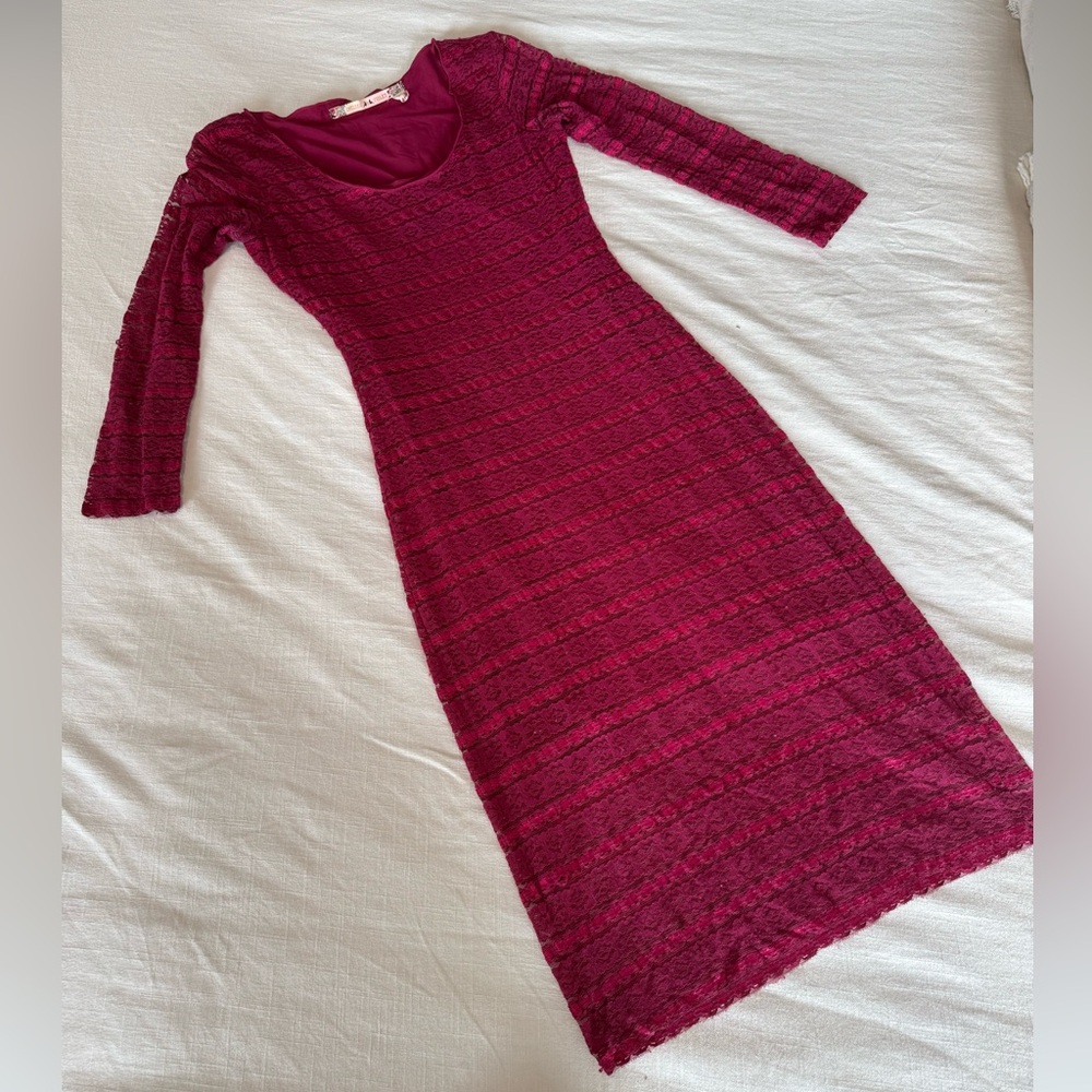 Chelsea & Violet hot pink all lace Long Sleeve midi Dress scoop neck fitted XS
